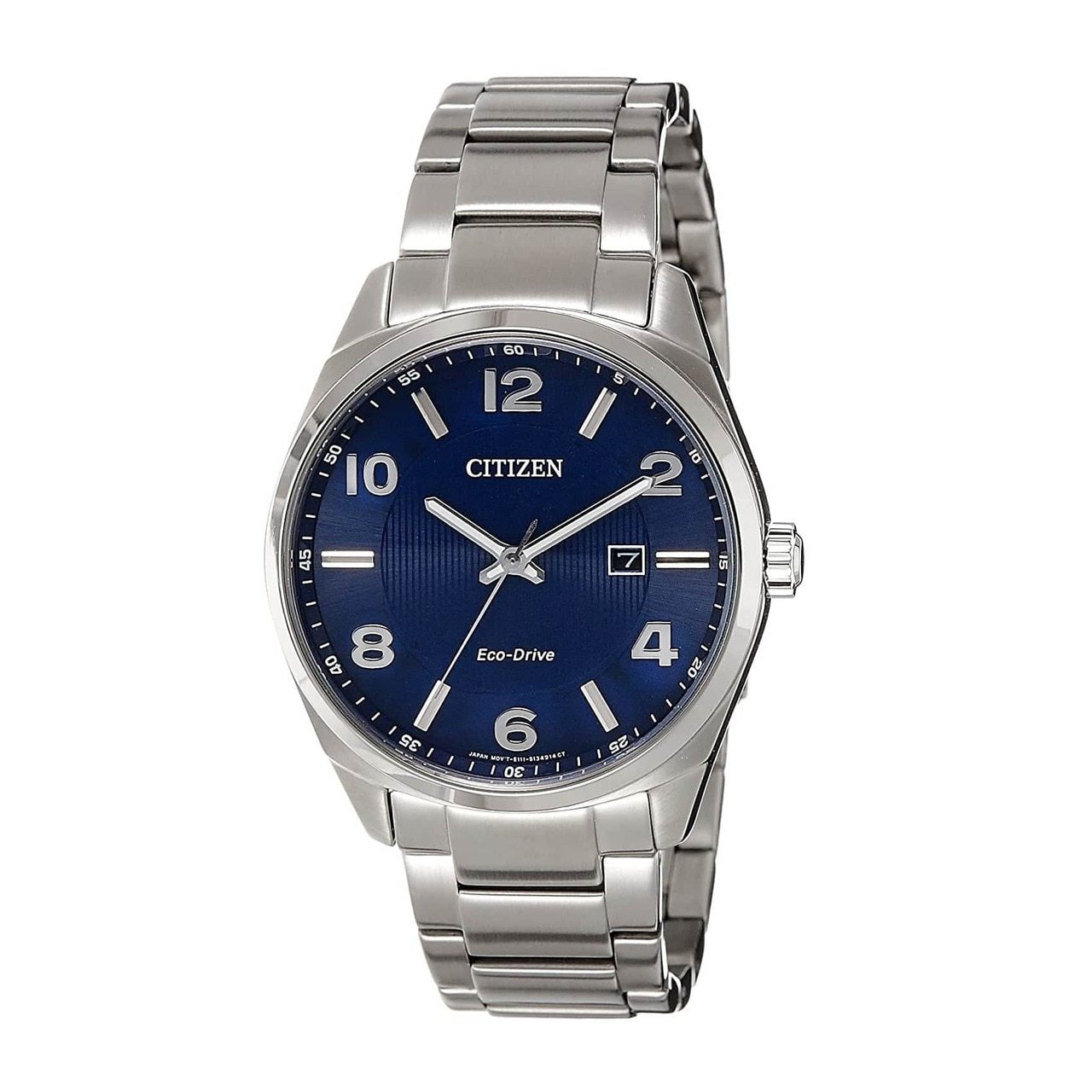 Citizen BM7320-52L Corso Men's Eco-Drive Watch featuring a blue textured dial and stainless steel bracelet.